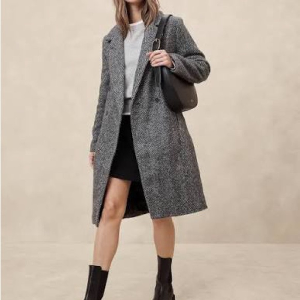 Banana Republic Gray Trench Coat Herringbone Timeless Topcoat